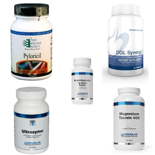 digestion: Pyloricil, DGL, Magnesium, Ultrazyme and Multi probiotic bottles